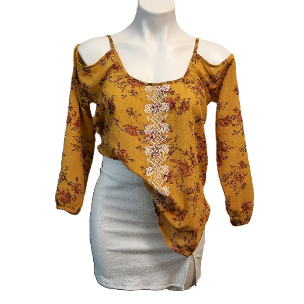 ❤️ 4/$20 Rewind cold-shoulder blouse Women's XS Mustard color floral Embroidery